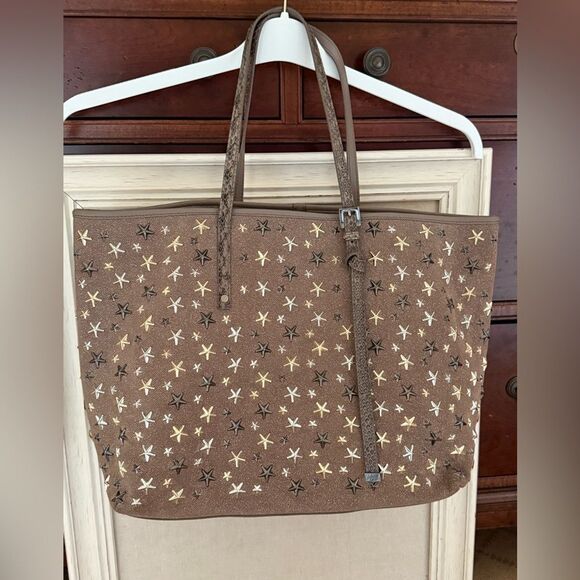 Jimmy Choo Gray Beige Sparkle Leather Sasha Star Studded Tote Vintage - Picture 1 of 16